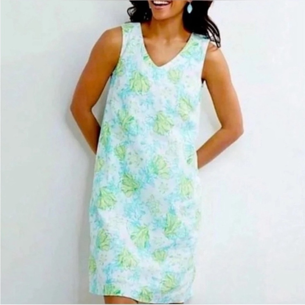J. Jill Women's Ocean Turtle Reed Linen Shift Dress Size XS Preppy Beach Casual
